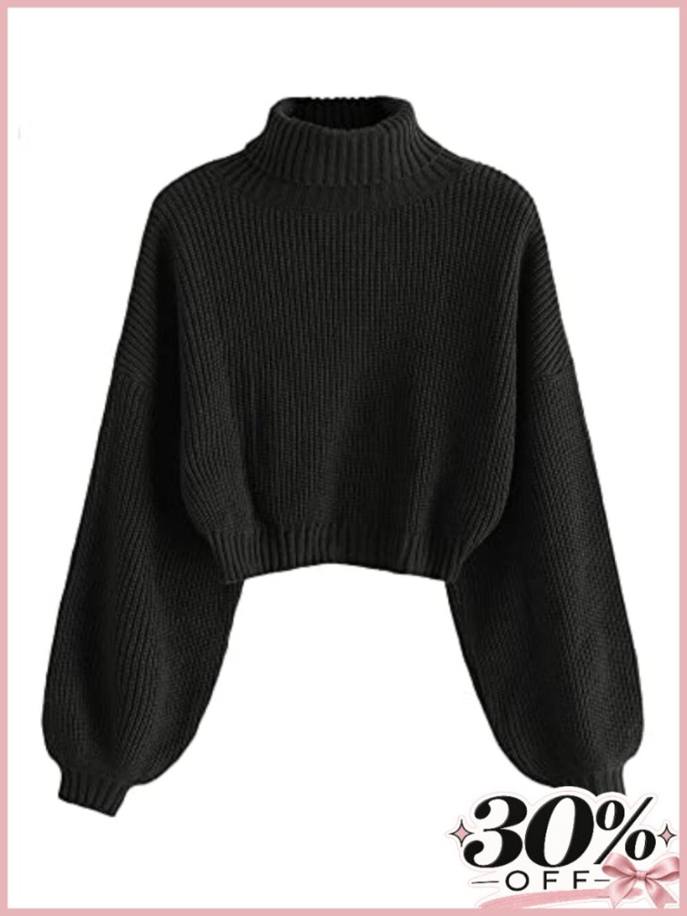 Cropped Turtleneck Sweater Lantern Sleeve Ribbed Knit Pullover for Women